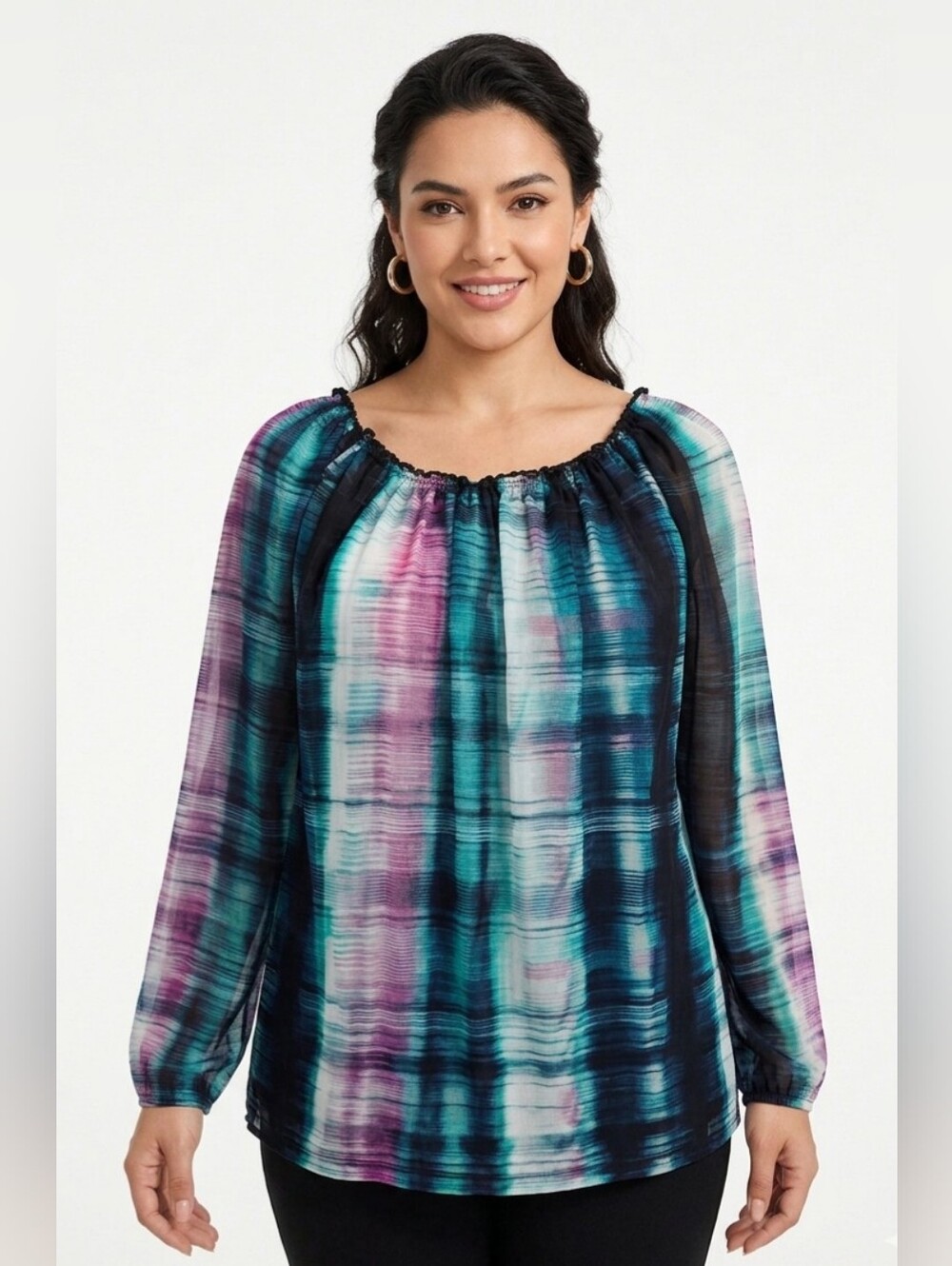 NWT Worthington Tie-Dye Sheer Peasant Top Size L